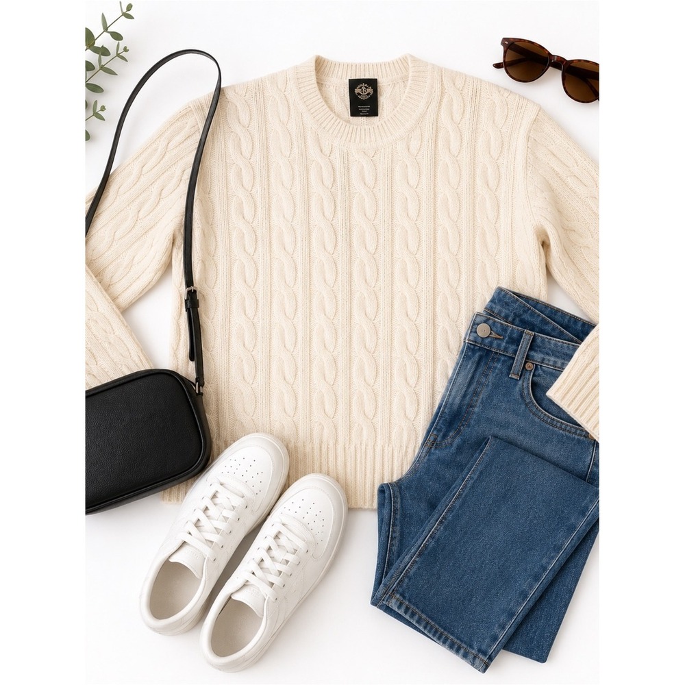 Dockers Cable Knit Sweater XL Oatmeal Cream 100% Cotton Classic Women's Knit EUC